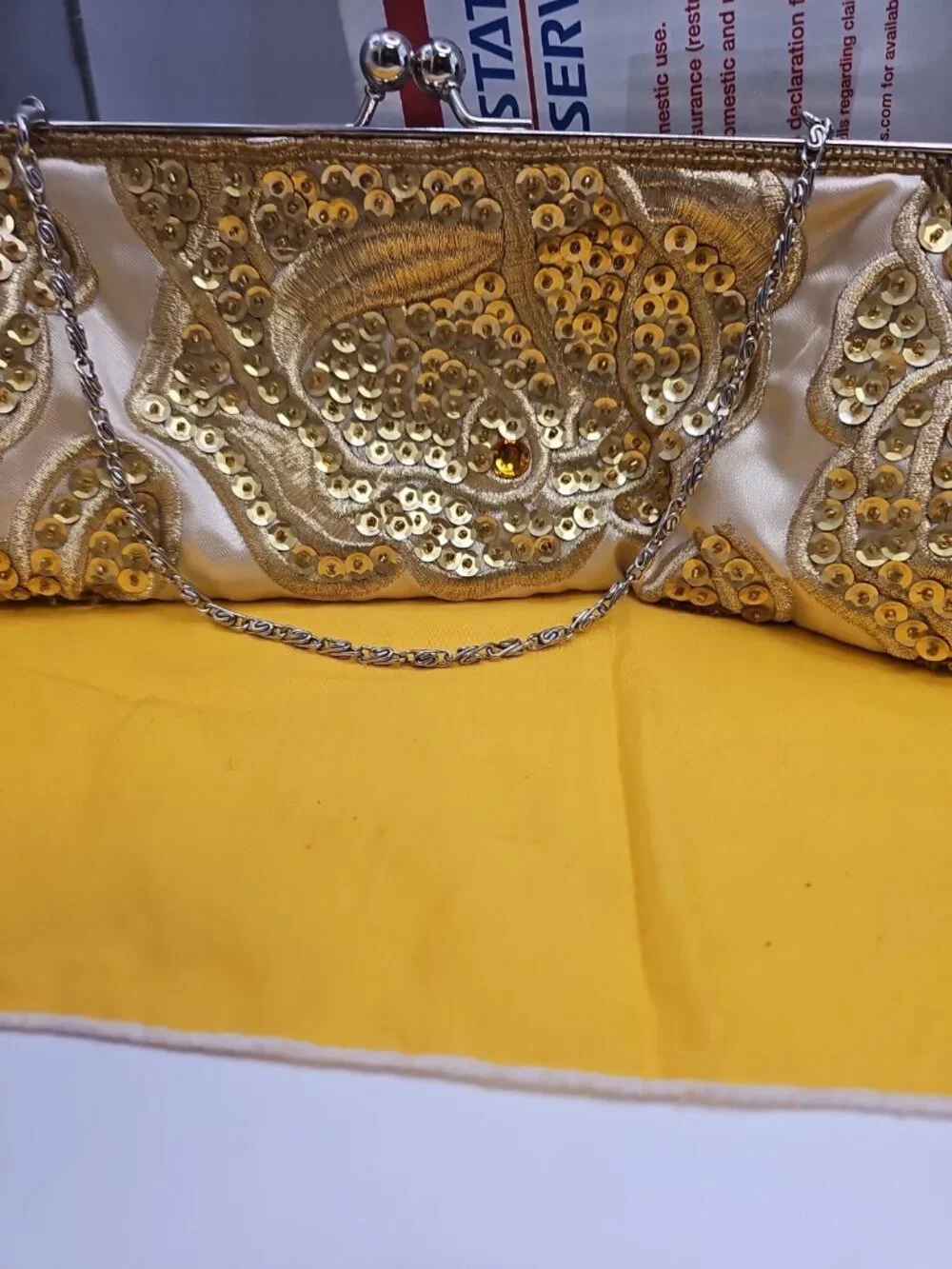 evening bag for women Apt.9 Gold Satin W/ Sequins & Beads Kiss Snap Detachable